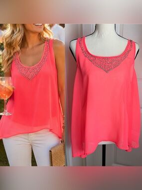 BLVD Beaded Rhinestone Chiffon Sleeveless Tank Top Neon Orange Sz L